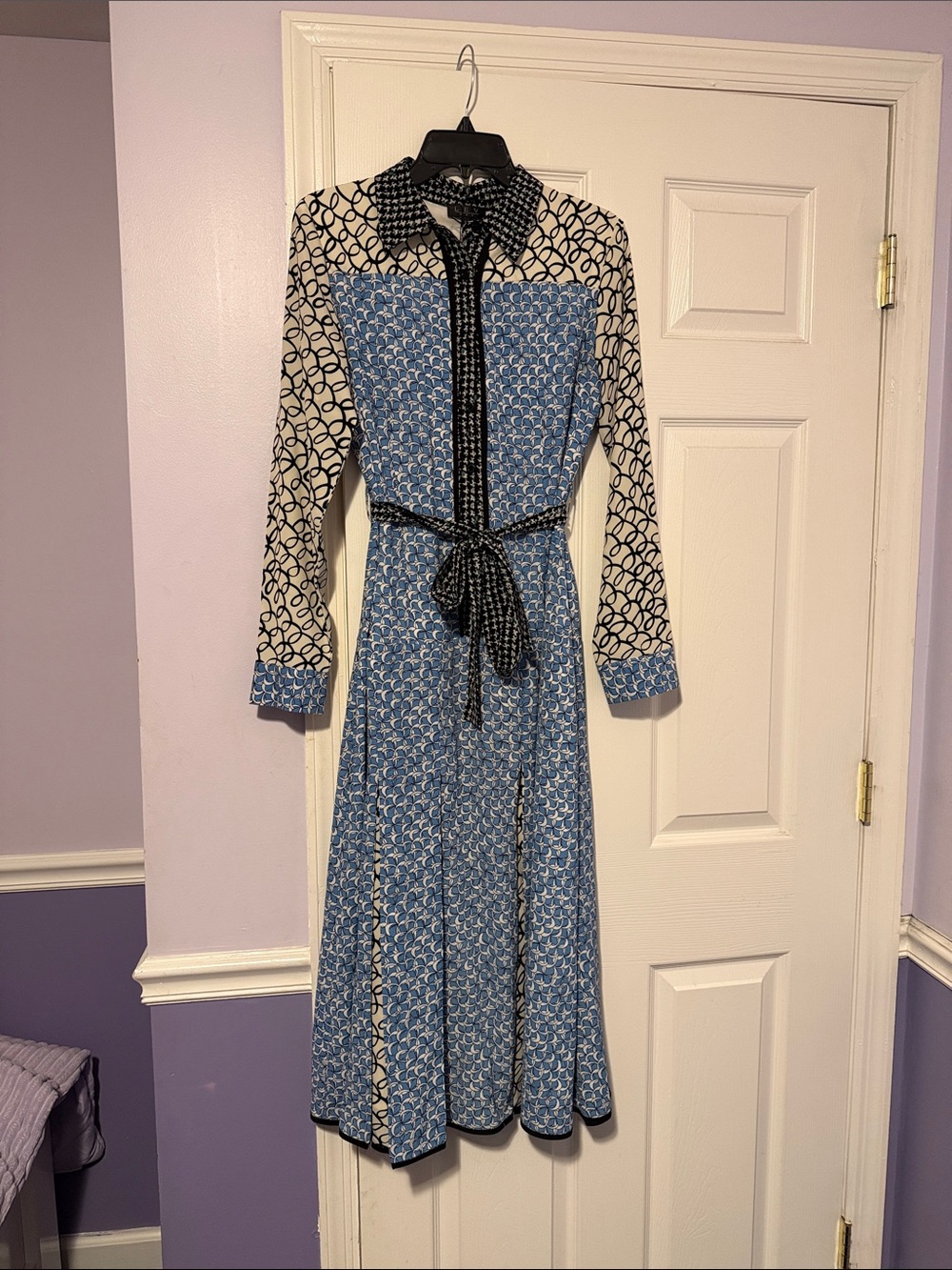 Blue Printed Long-Sleeve Shirt Dress with Contrast Trim